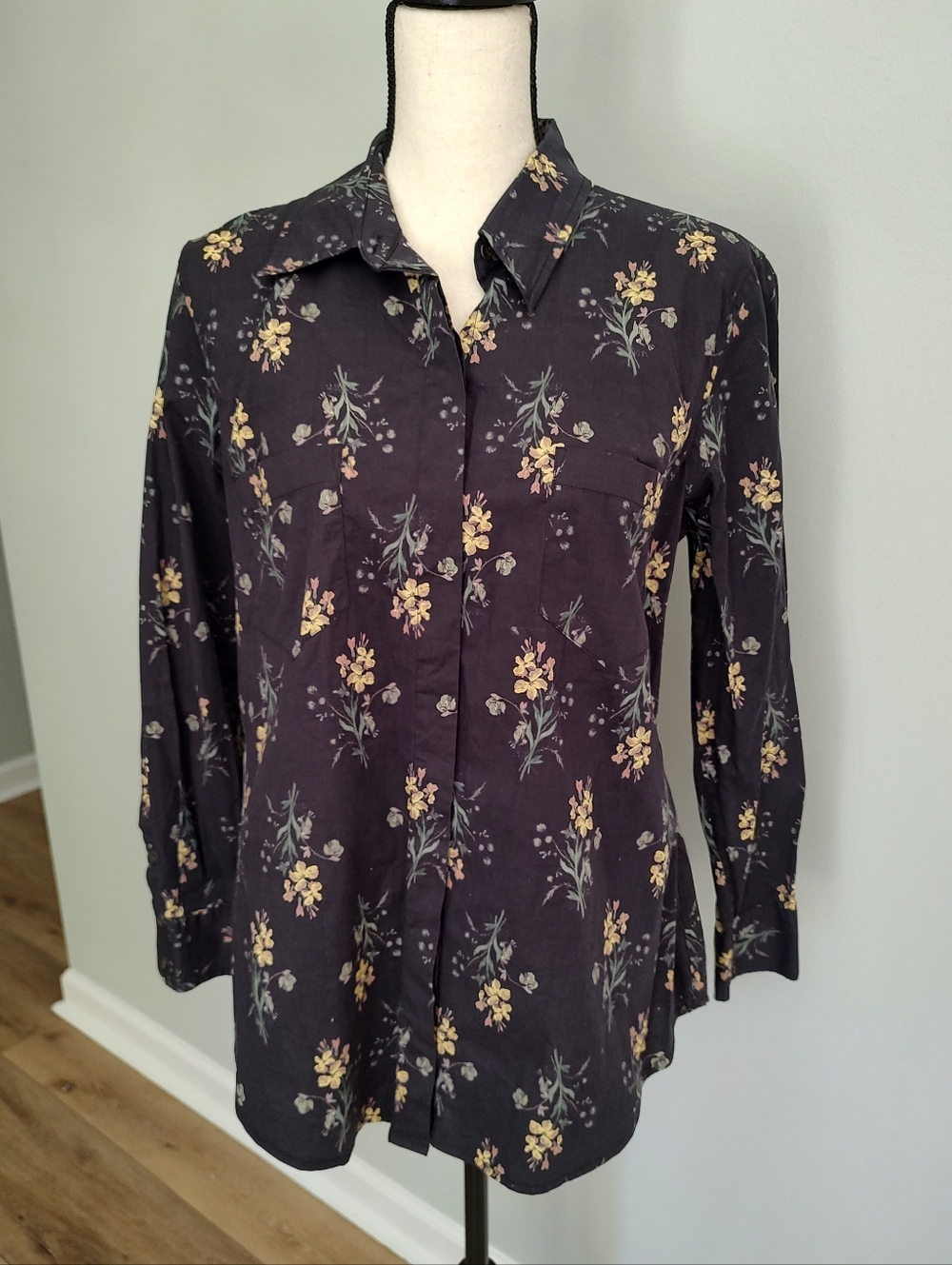 Peruvian Connection Black Yellow Floral Button Down Shirt Cotton Spandex L